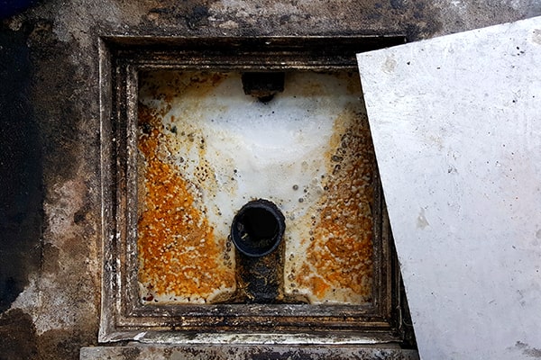 during the grease trap cleaning process, the trap is emptied, scraped, and washed to remove built-up grease and debris